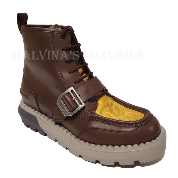 GUCCI BOOTS MENS GG LOGO CANVAS BROWN LEATHER LACE UP ANKLE sz 10 10.5 - Picture 1 of 15